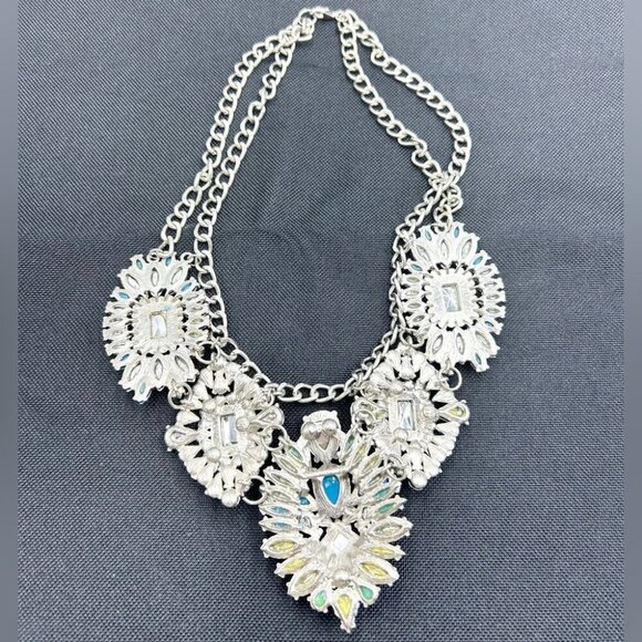Faux Turquoise Flower Shaped Rhinestone Statement Necklace - Picture 3 of 7